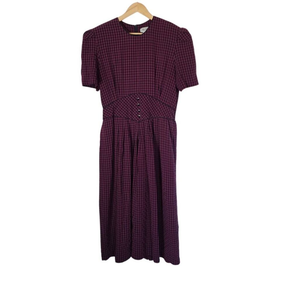 Vintage 90's Pleated Puff Sleeves Gingham Purple Maxi Dress 18 Countryside Garde